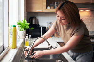 Woman using her kitchen sink and enjoying increased home value from new plumbing.