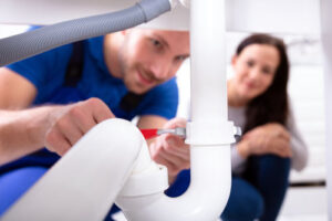 homeowners trying do-it-yourself plumbing project on sink pipes